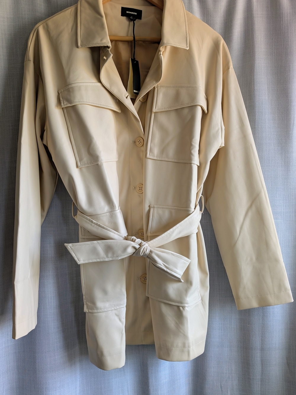 Monrow Cream Belted Jacket with Patch Pockets